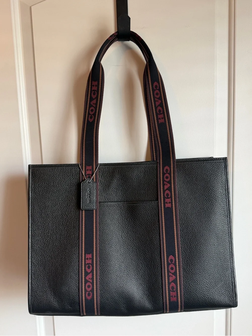 Coach Black Pebbled Leather Messenger Tote with Burgundy Branded Straps